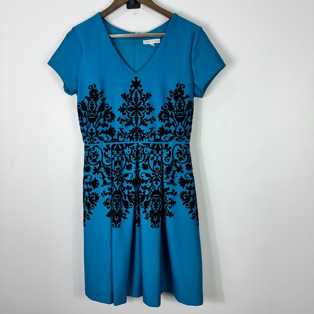 Sandra Darren Dress 8 Blue Black Flocked Damask Fit Flare Short Sleeve Mod Retro